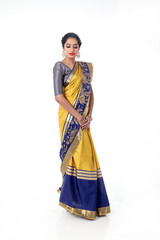 South east Asian Indian race ethnic origin woman wearing Indian dress costume sharee multiracial community on white background