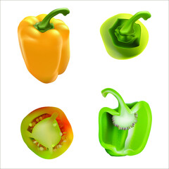 
Vector realistic illustration of vegetables. Yellow, red, green and orange peppers. Top, side and straight view. Whole and chopped peppers.