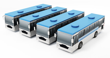Generic city buses in a row isolated on white background. 3D illustration