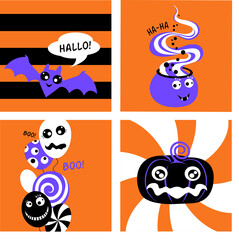 Vector set of Halloween party invitations or greeting cards. Halloween design elements, badges, labels, icons and objects.