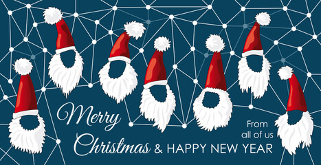 Santa heads and hats with copy space in a wireframe and mesh. Networking Santas for Christmas togetherness and connecting people, cartoon illustration vector.