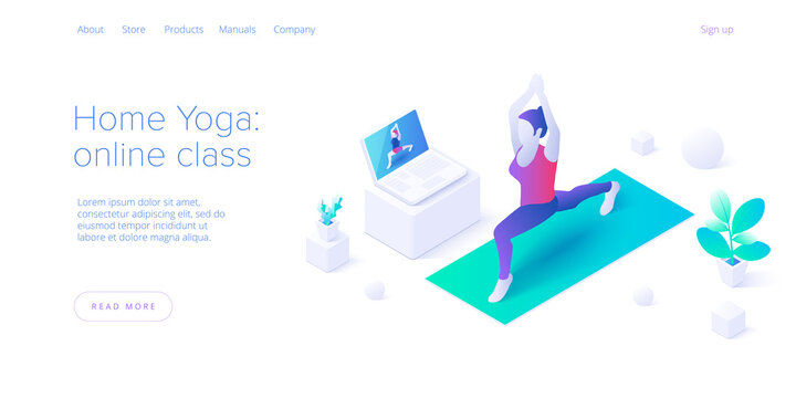 Female staying home. Yoga online class in pilates pose in isometric vector design. Concept for wellness or healthy lifestyle with woman exercising in lotus position. Web banner layout.