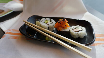 Traditional Japanese dish in the restaurant close up.