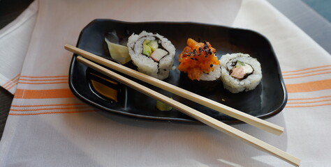 Traditional Japanese dish in the restaurant close up.