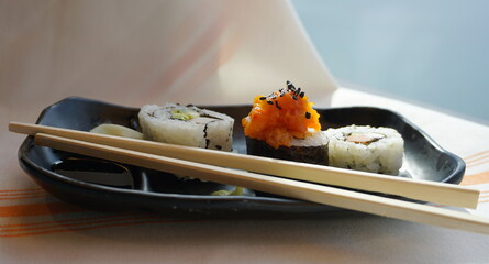 Traditional Japanese dish in the restaurant close up.