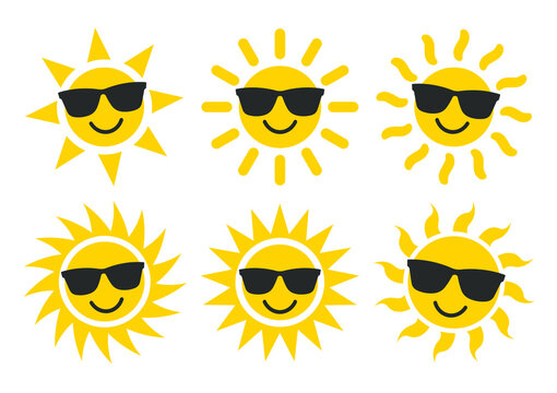 Smile Sun and sunglasses flat style icon weather and sunshine set. Forecast logo symbol collection. Vector illustration image. Isolated on white background.