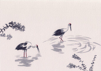 Watercolor painting with storks in river in Chinese Ink style. Original minimalist artwork on paper. Oriental landscape with birds & water. Calm meditative background. Serene peaceful nature view.
