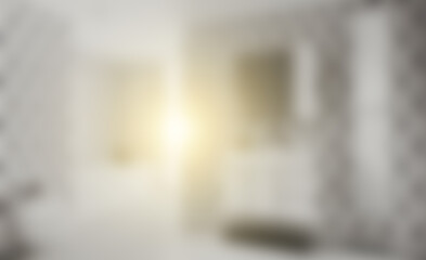 Bathroom with white patterned tiles on the walls. Black white rhombuses. Panoramic window with city view. 3D rendering Sunset. Unfocused, Blur phototography