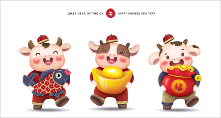 2021 Chinese new year, year of the ox greeting card design with 3 little cute cows