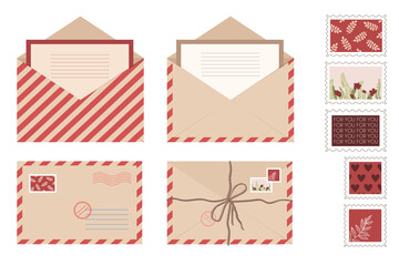 Set romantic kraft envelope letter and post cards. Isolated open envelopes with stamps and seals in flat style. Vector stock illustration.