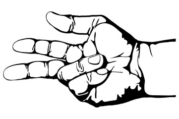 Black and white drawing. A hand with three fingers extended, including the thumb.