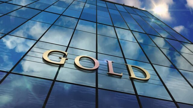Gold reserve safe bank sign on glass skyscraper. Time lapse sky mirrored in modern building. Business safety system, economy and capital protection concept in loopable seamless 3D rendering animation.