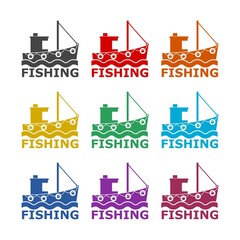 Simple fishing boat icon, color set