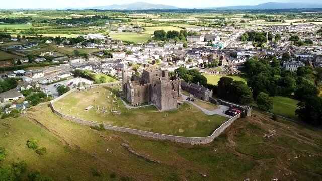 Flight over Rock of Cashel ruin in Ireland with a Drone 4K