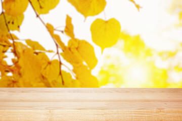 Naklejka na ściany i meble Empty wooden table on the background of blurred autumn trees