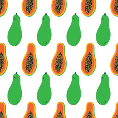 Papaya fruit, whole and cut in half with pulp and seeds vector seamless pattern background.