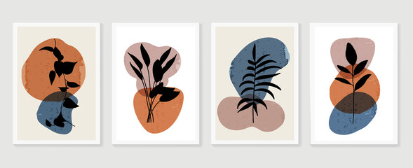 Botanical wall art vector set. Earth tone boho foliage line art drawing with  abstract shape.  Abstract Plant Art design for print, cover, wallpaper, Minimal and  natural wall art..