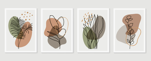 Botanical wall art vector set. Earth tone boho foliage line art drawing with  abstract shape.  Abstract Plant Art design for print, cover, wallpaper, Minimal and  natural wall art.. © TWINS DESIGN STUDIO