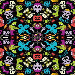 Motif showing Halloween characters such as ghosts, witches, werewolves, zombies, skulls and vampires. Frogs, cats, cockroaches, snakes, crows, owls, bats and bugs complete this colorful pattern design