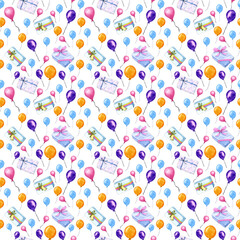 Gift and ballon colorful watercolor seamless pattern.