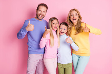 Photo of excited family dad mom and two little kids boy girl show thumb up sign isolated over pastel color background