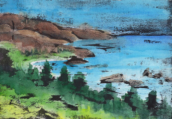 Lake and mountain view, monoprint painting, serene nature illustration