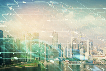 Obraz premium Data theme hologram drawing on city view with skyscrapers background multi exposure. Bigdata concept.