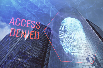 Double exposure of finger print hologram and cityscape background. Concept of personal security.