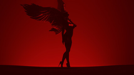 Red Woman at the Gates of Hell in a Corset and Top Hat with Black Wings Standing 3d Illustration 