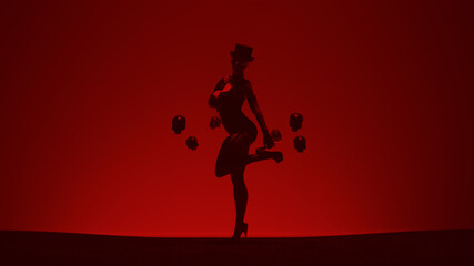 Fototapeta na wymiar Red Woman at the Gates of Hell in a Corset and Top Hat with Black Skulls Standing 3d Illustration 