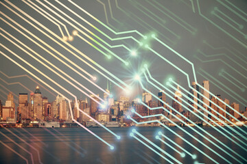Data theme hologram drawing on city view with skyscrapers background double exposure. Ai concept.