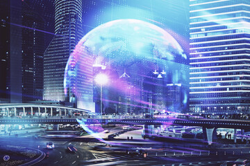 Double exposure of technology theme hologram and cityscape background. Concept of Hightech.