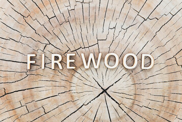 inscription «firewood» made of wooden letters on stump in the forest