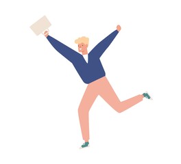 Happy casual teen carrying briefcase running vector flat illustration. Joyful male student hurry or haste with raising hands isolated on white. Smiling modern teenager rush to college or school