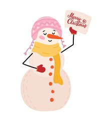 Cute Snowman with decorated pink hat and yellow scarf. Carrot as a nose. Some orange buttons. Christmas symbol holds placard with hand drawn lettering Merry Christmas. Cartoon vector illustration.