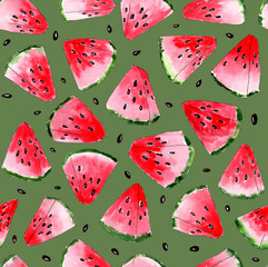 Watercolor watermelon with black seeds on green background seamless pattern