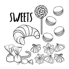 Outline sweets black and white objects on white background vector illustration