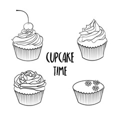 Outline cupcakes black and white objects on white background cartoon vector illustration