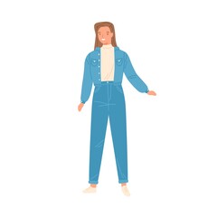 Smiling woman in retro style denim jeans, jacket and turtleneck vector flat illustration. Fashionable female demonstrate vogue of 1990s isolated on white. Trendy stylish person in classy outfit