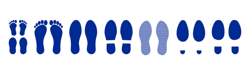 Footprints human silhouette, vector set, isolated on white background. Shoe soles print. Foot print tread, boots, sneakers. Impression icon barefoot.