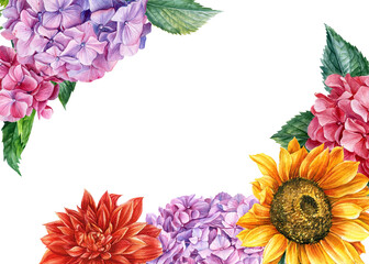 Greeting card with place for text.Flowers hydrangea on a white isolated background, watercolor drawings.