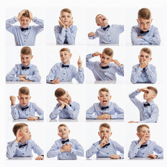 Fototapeta premium Emotional set of photos of a schoolboyt. White background. Square format.