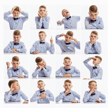 Emotional set of photos of a schoolboyt. White background. Square format.