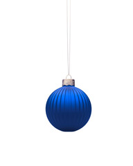 Hanging vertical striped royal blue Christmas ball.