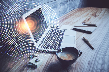 Double exposure of desktop computer and human brain drawing hologram. Ai concept.