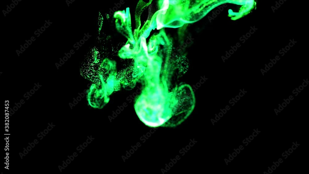 Poster beautiful effect of glow green particles in liquid stream, like effect ink dissolve in water. abstra