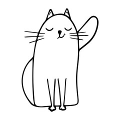 Sitting cute cat in funny cartoon style. Cute pets. Vector trendy style greeting card design, print t-shirt.