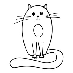 Sitting cute cat in funny cartoon style. Cute pets. Vector trendy style greeting card design, print t-shirt.