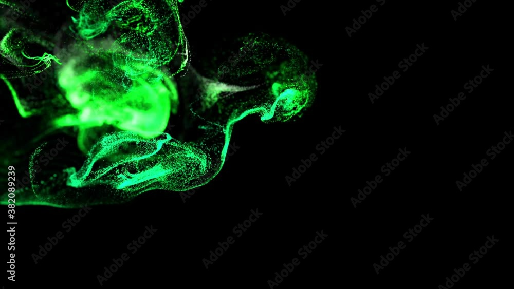 Poster beautiful effect of glow green particles in liquid stream, like effect ink dissolve in water. abstra