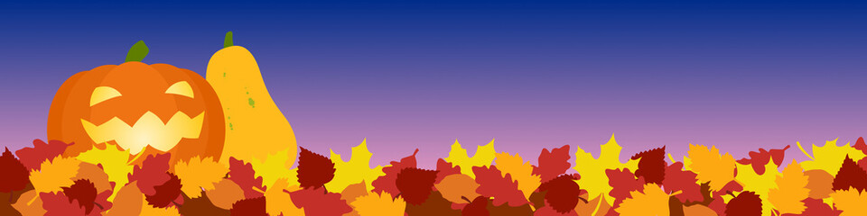 Halloween Pumpkins with autumn Leaves Banner Illustration
